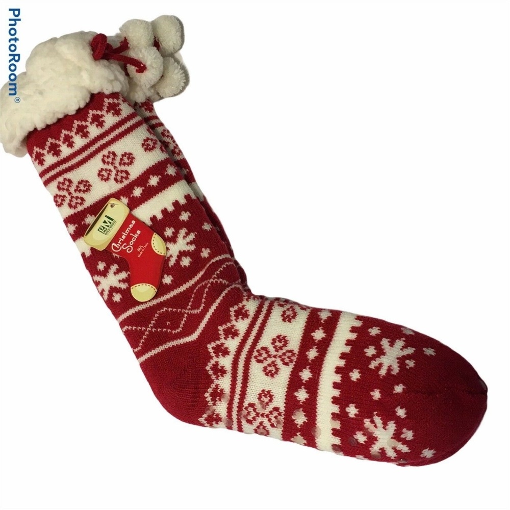 NWT Red White Soft Pom-Pom Slipper Sock cabin sock